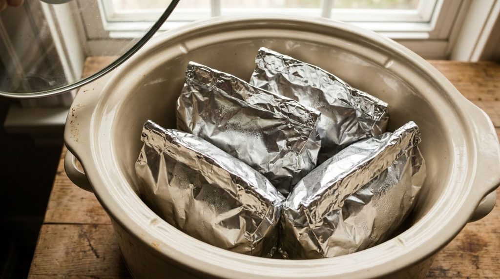 Several sealed foil packets neatly arranged inside the basin of a slow cooker