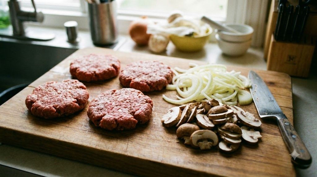 Raw ground beef patties shaped and ready for assembly with sliced onions and mushrooms nearby