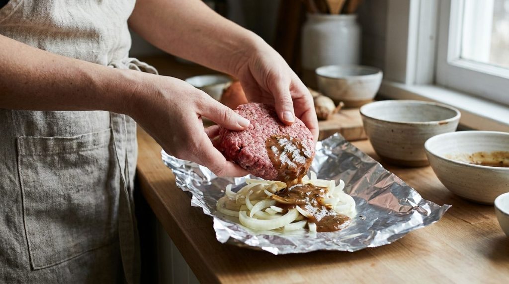 Hands placing a hamburger steak patty sliced onions and gravy mixture into an opened heavy-duty foil packet