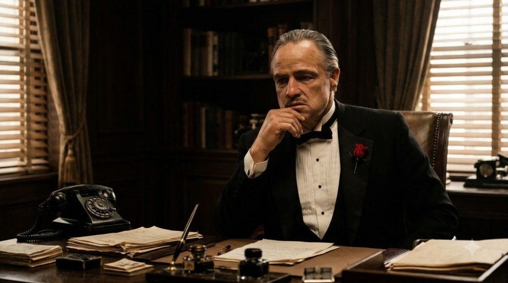 Marlon Brando as Don Vito Corleone in a still from The Godfather looking thoughtful and stern