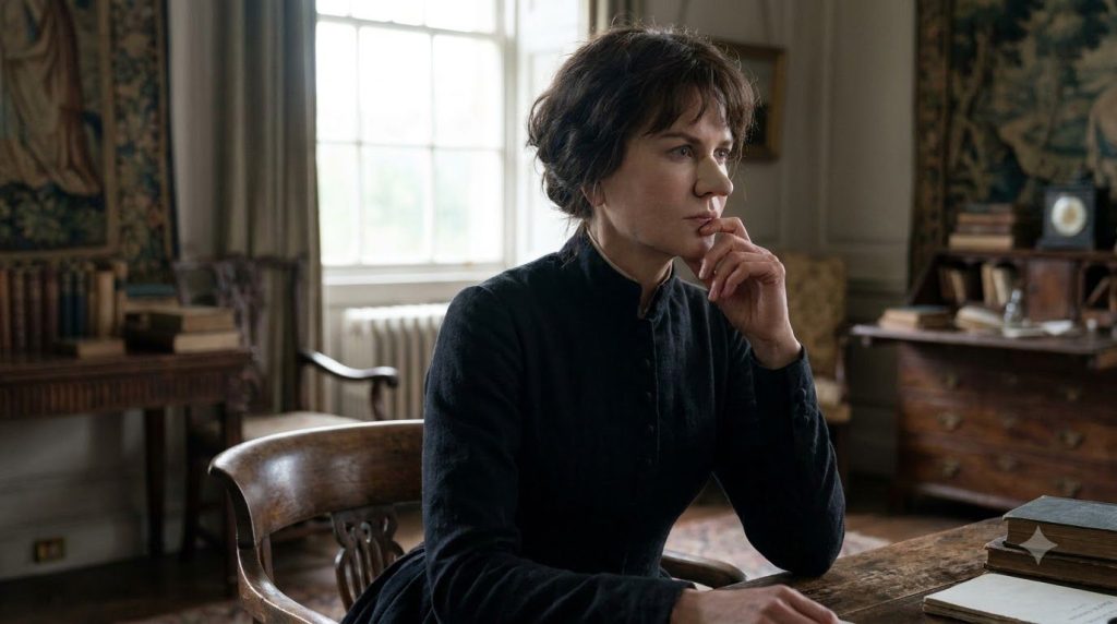 Nicole Kidman in character as Virginia Woolf from The Hours with short dark hair period costume looking contemplative