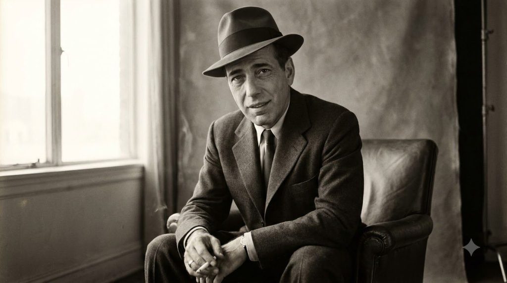 A more formal portrait of Humphrey Bogart perhaps from a movie poster or promotional shot looking dapper