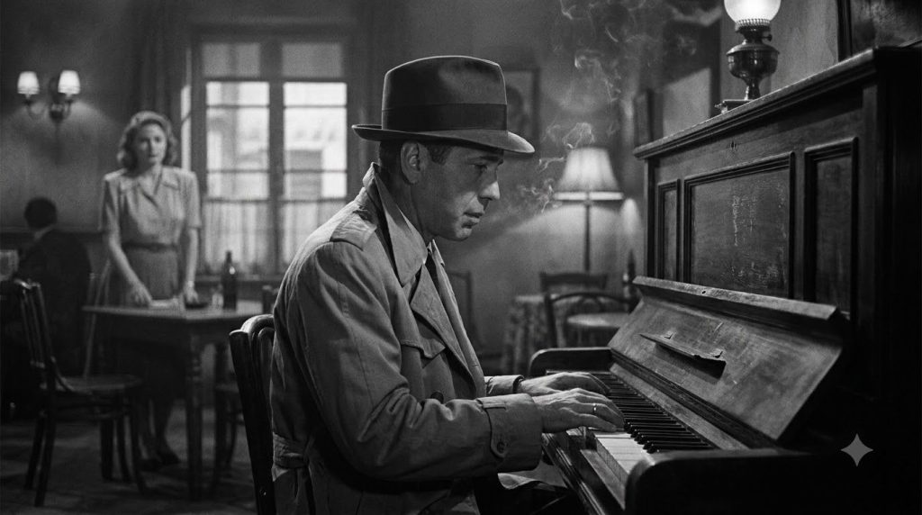 A scene from the movie Casablanca showing Humphrey Bogart as Rick Blaine perhaps with Ingrid Bergman as Ilsa Lund