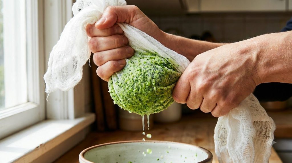 Close-up of finely riced broccoli being squeezed in a cheesecloth to remove excess water