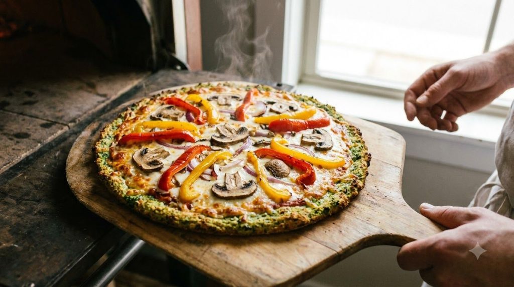 A baked broccoli crust pizza with melted cheese and fresh vegetable toppings just out of the oven