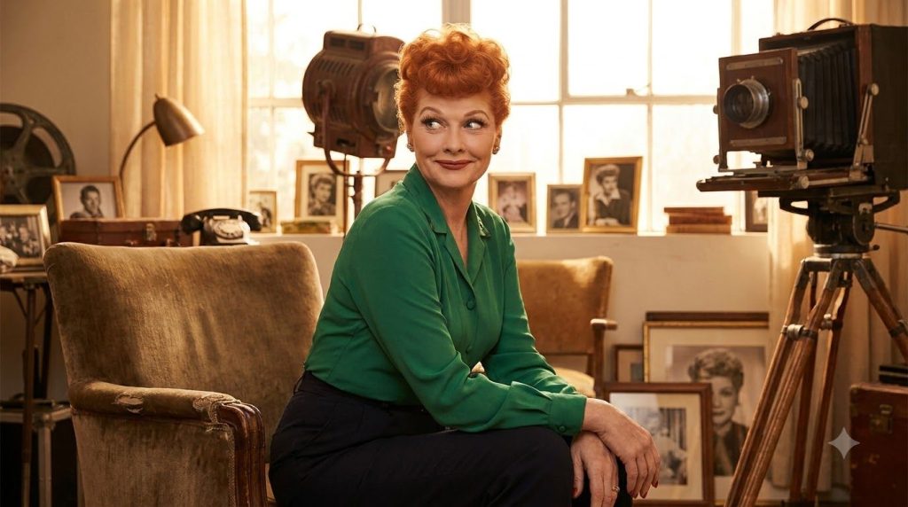 Portrait of Lucille Ball with her signature red hair and a mischievous smile reminiscent of her I Love Lucy days