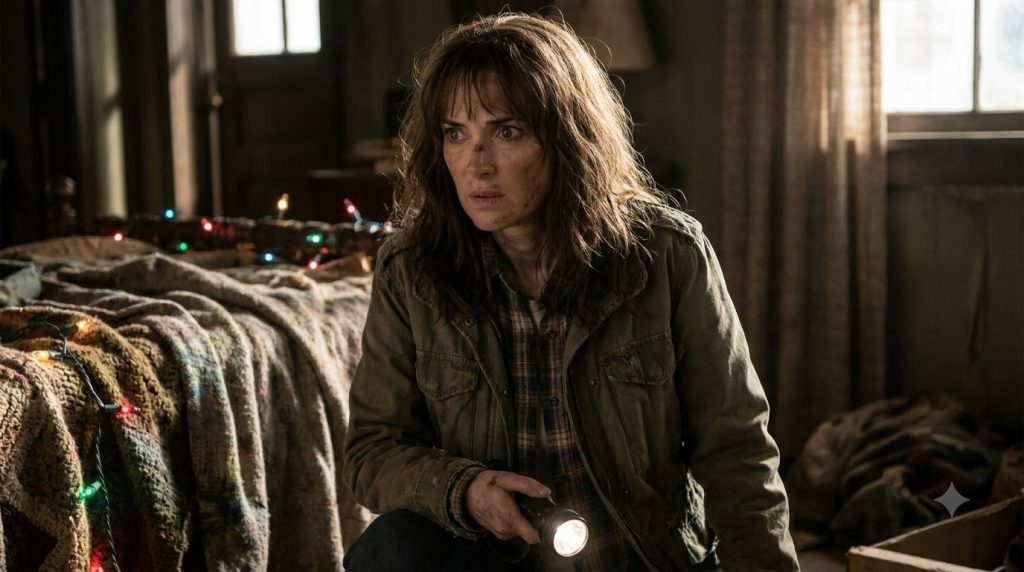 Winona Ryder as Joyce Byers in Stranger Things looking distressed and determined