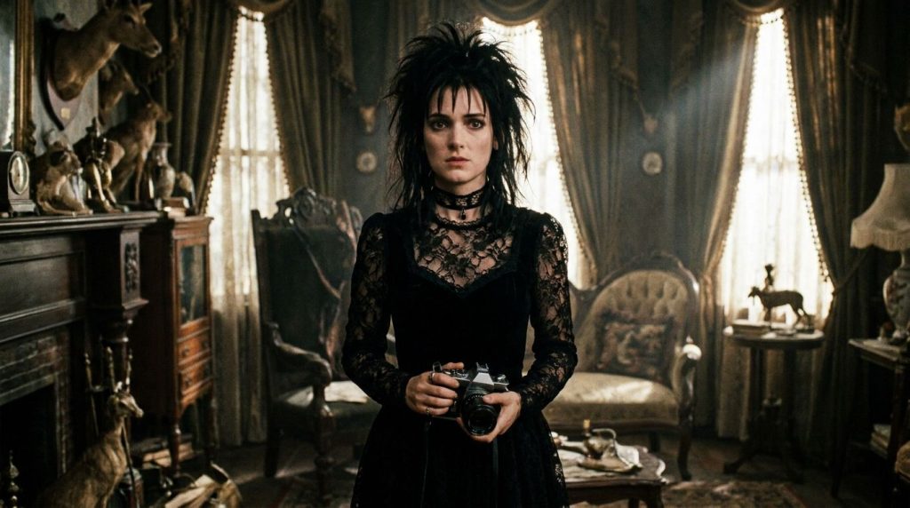 Winona Ryder as Lydia Deetz in Beetlejuice with dark clothes and a camera
