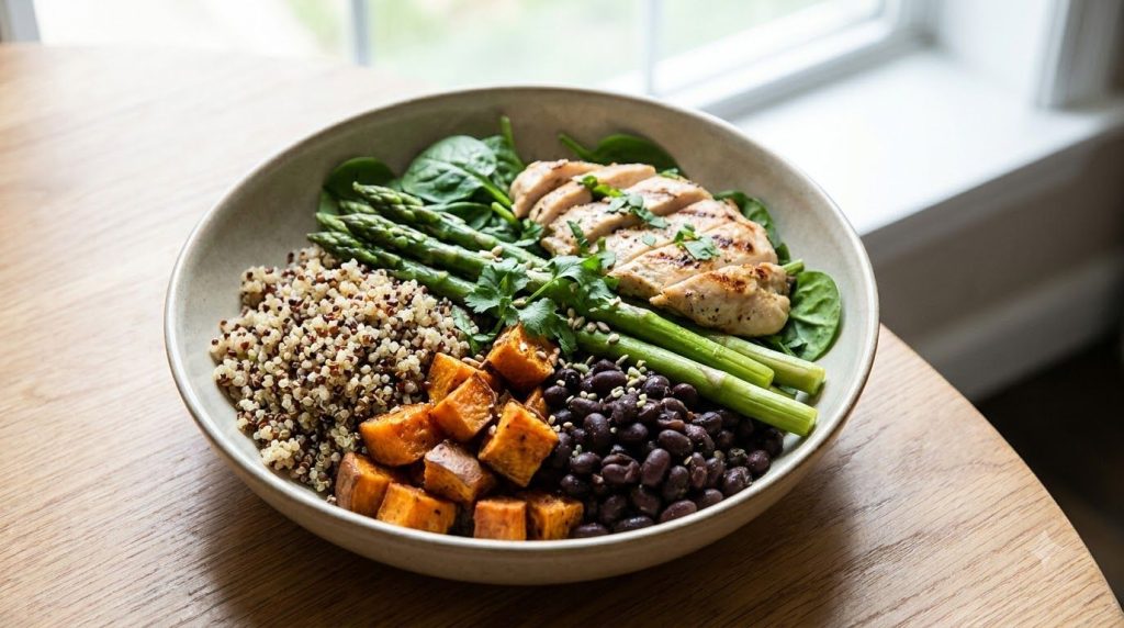 A vibrant balanced meal bowl featuring a mix of healthy carbohydrates such as quinoa roasted sweet potatoes and black be