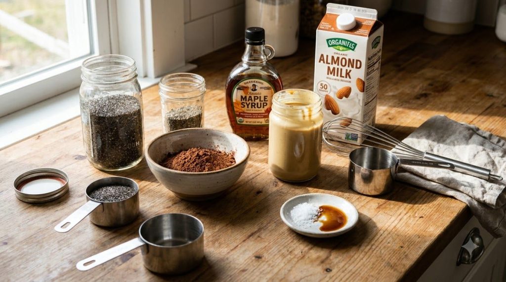 All ingredients for chocolate tahini chia pudding laid out on a kitchen counter chia seeds plant milk maple syrup vanill