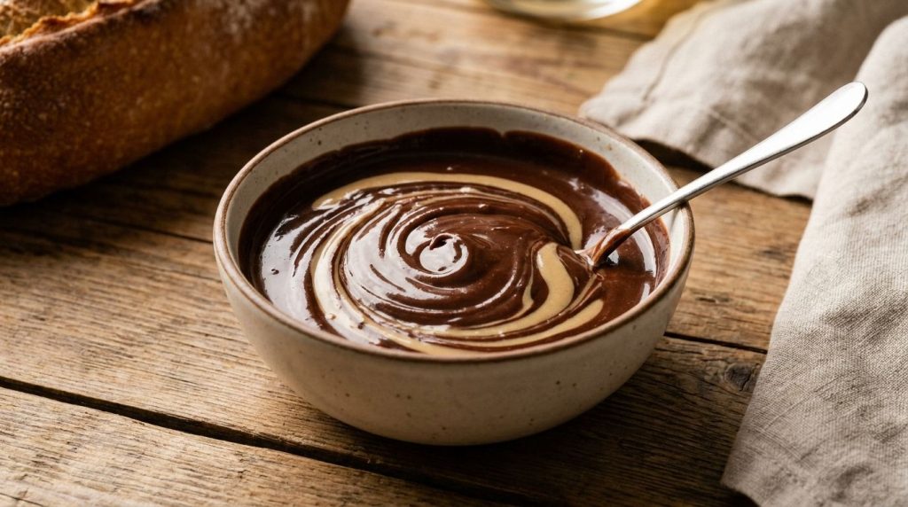 A small bowl with the smooth glossy chocolate tahini swirl sauce ready to be added to the pudding
