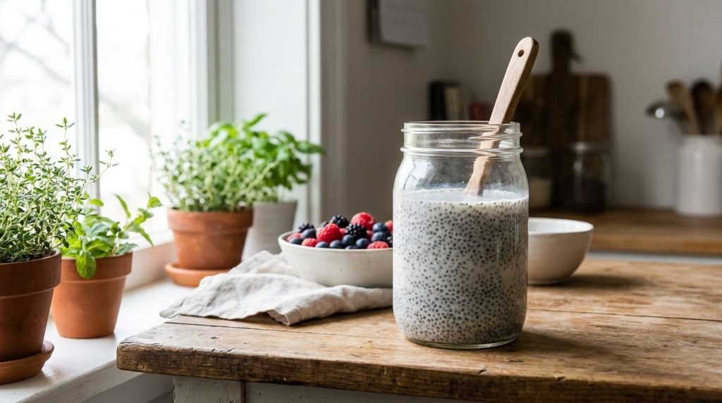 A glass jar with the mixed chia pudding base before chilling showing the liquid consistency and dispersed chia seeds