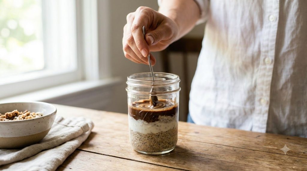 A hand gently swirling the chocolate tahini sauce into the chia pudding layers in a glass jar
