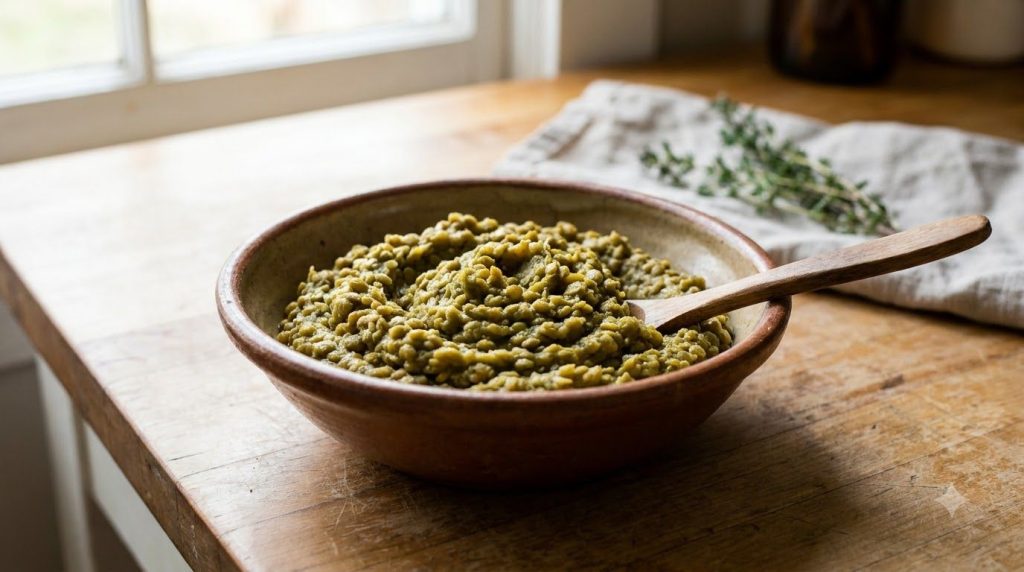A bowl of cooked and mashed green lentils ready to be added to bread dough