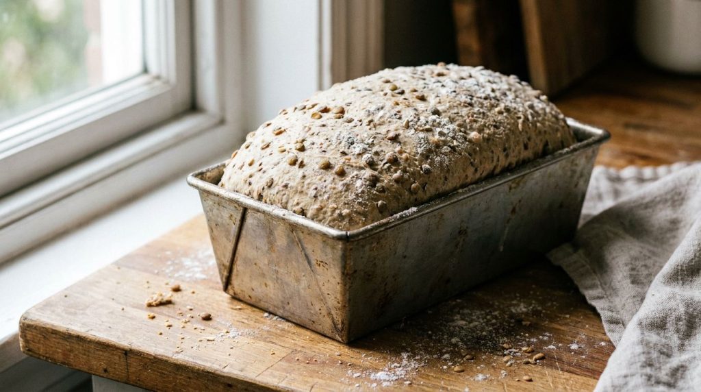 Unbaked lentil bread dough in a loaf pan risen and ready for the oven