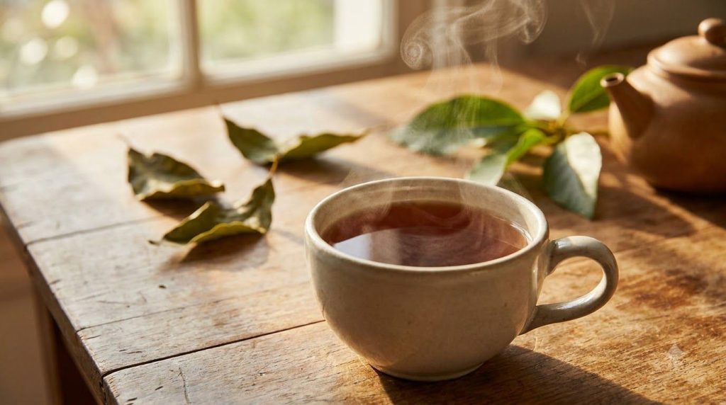 A close-up shot of a steaming cup of avocado leaf tea with a few fresh or dried avocado leaves visible in the background