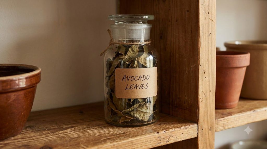 A collection of dried avocado leaves neatly arranged in a glass jar demonstrating proper storage with a label