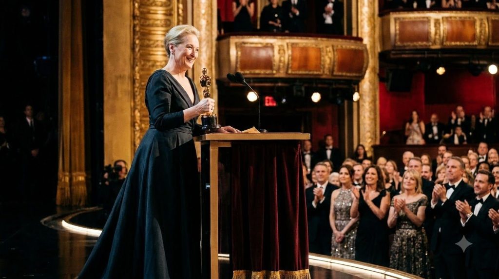 Meryl Streep accepting an award at a prestigious ceremony perhaps an Oscar or Golden Globe