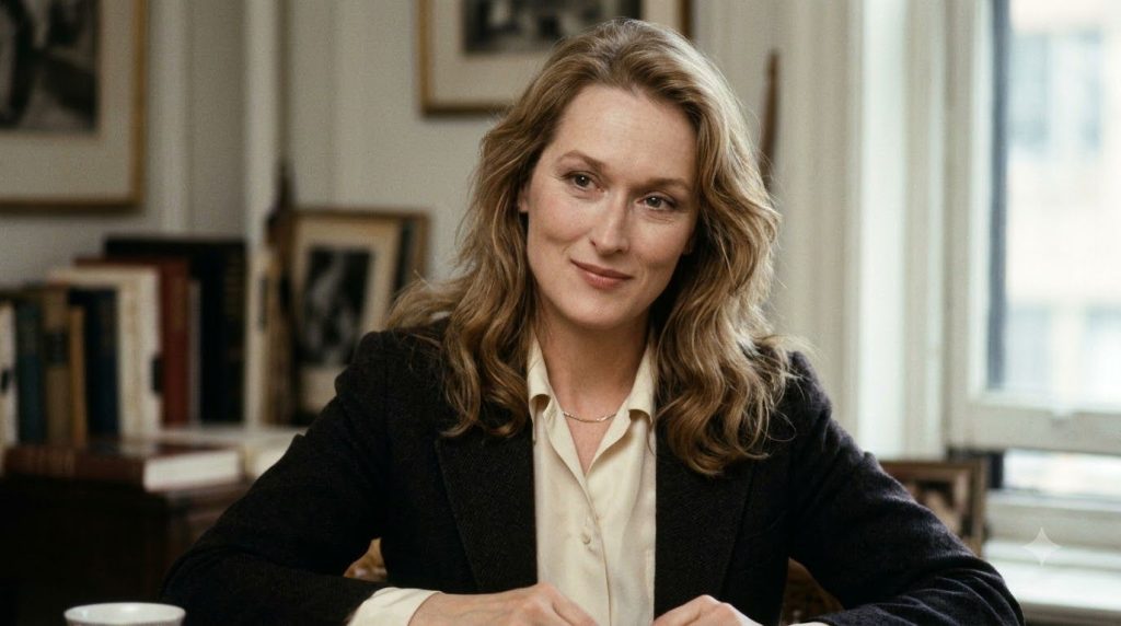 An archival photo of Meryl Streep from a past film or publicity shoot showcasing her expressive face and elegance