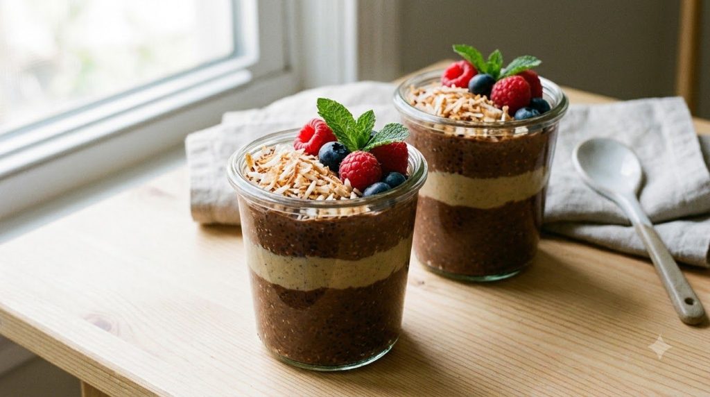 Two glass jars filled with layered chocolate tahini chia pudding and garnished with coconut flakes and berries