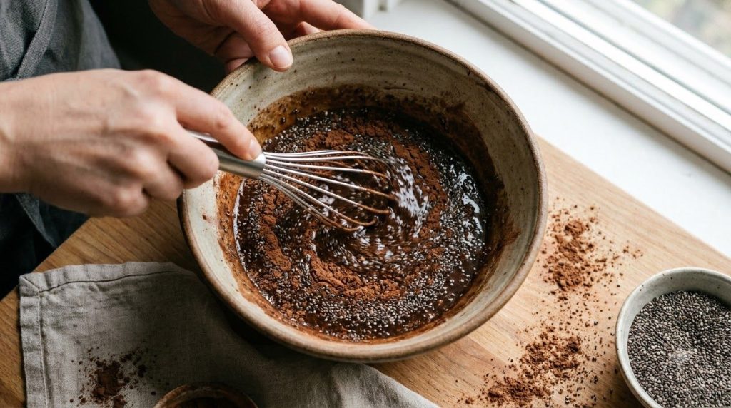 A person whisking chia seeds plant-based milk cocoa powder and maple syrup in a mixing bowl for the chocolate chia puddi