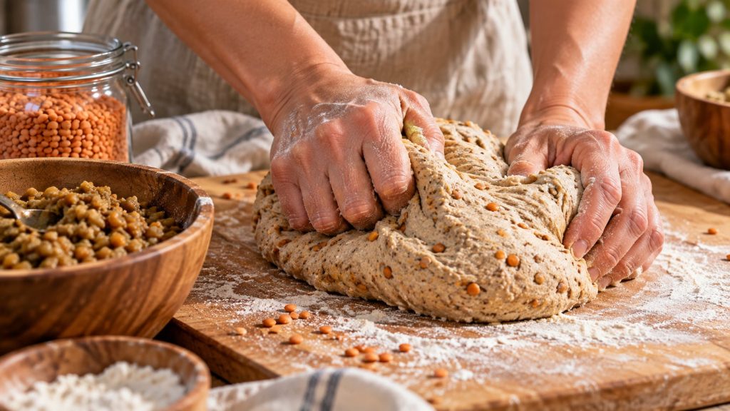 Hands kneading bread dough on a floured surface showing the addition of mashed lentils