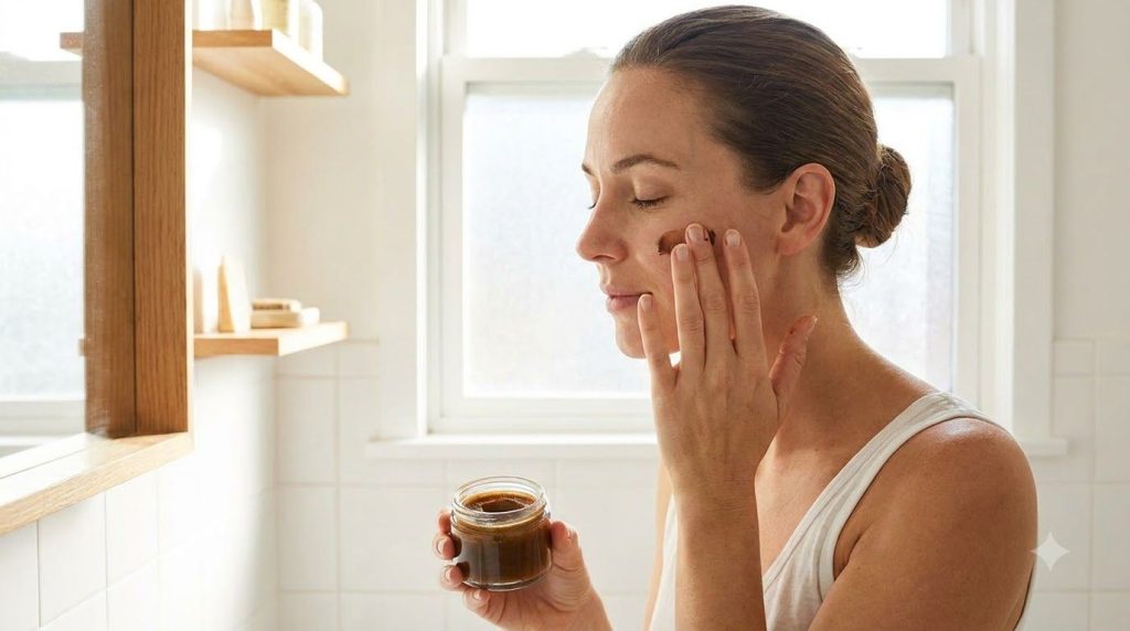 A woman gently applying the homemade Vaseline and coffee balm to her cheek showing a smooth texture on her skin
