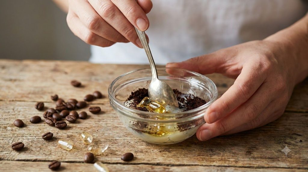Hands mixing Vaseline vitamin E oil and finely ground coffee in a small glass bowl with a spoon creating a DIY beauty ba