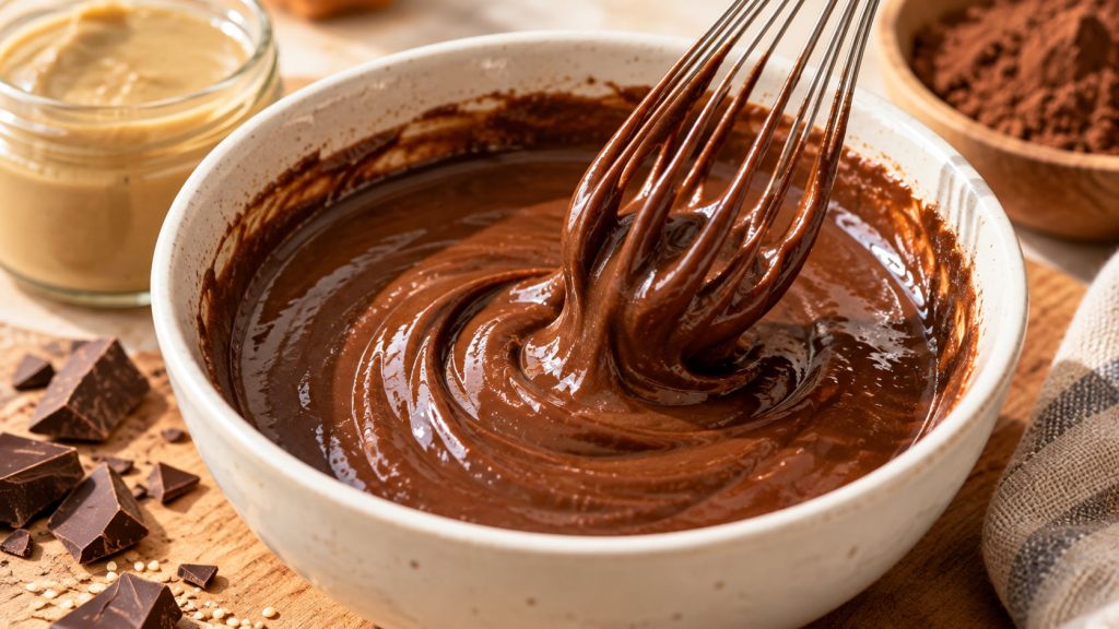A close-up of a smooth creamy tahini chocolate sauce being whisked in a small bowl