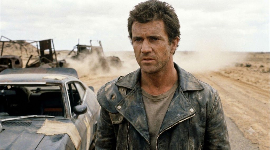 A real film still of young Mel Gibson as Max Rockatansky in Mad Max wearing his signature leather jacket looking intense