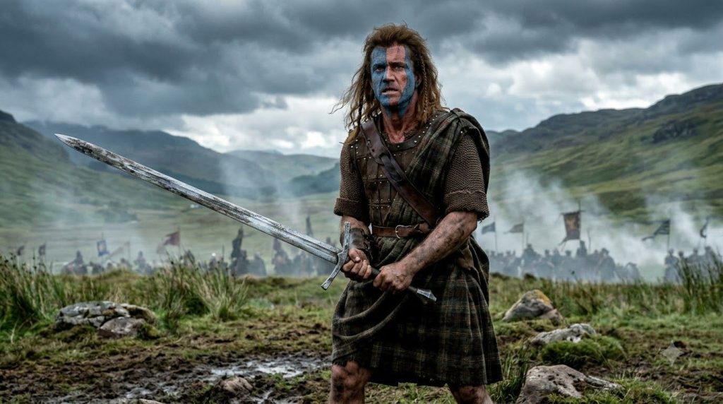 A real movie poster for Braveheart featuring Mel Gibson in character holding a sword