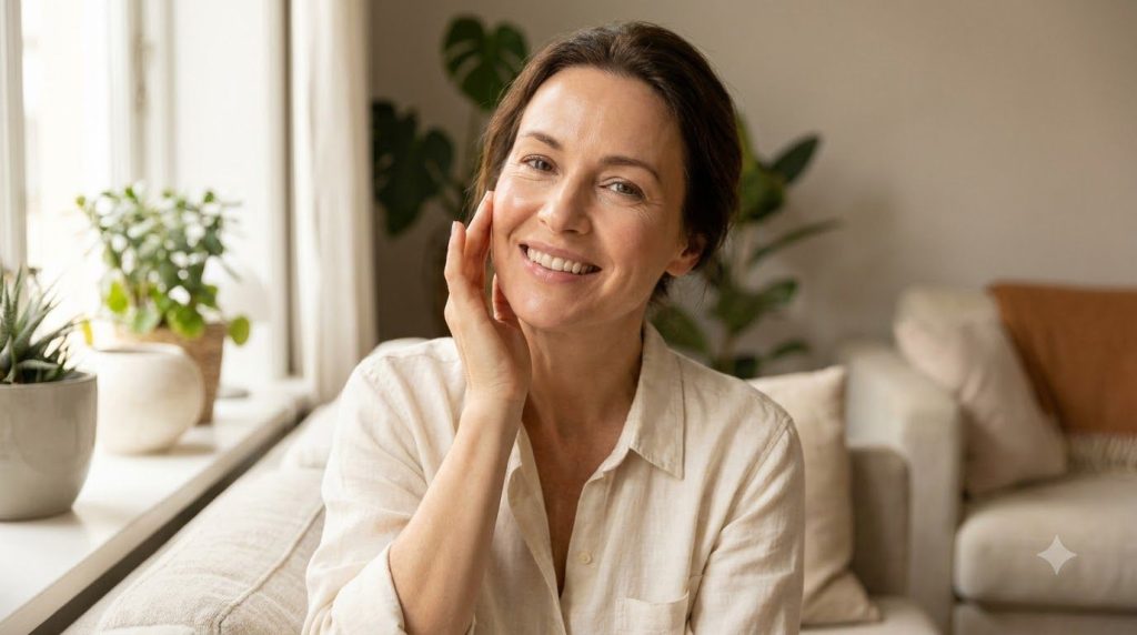 A woman smiling and touching her smooth radiant face reflecting the benefits of a good skincare routine