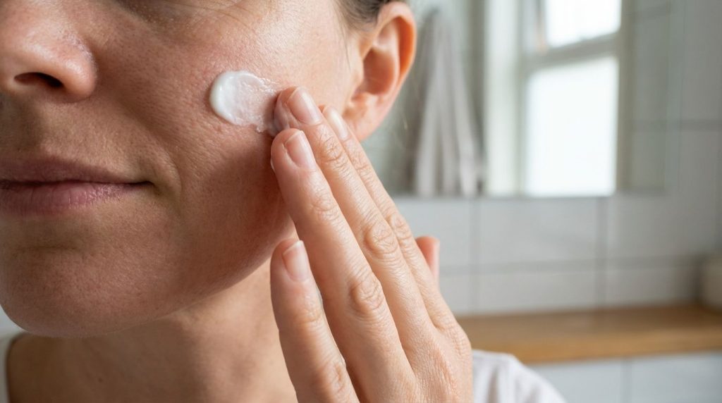 A close-up of a person s hand gently applying the white Vaseline and baking soda paste to their cheek