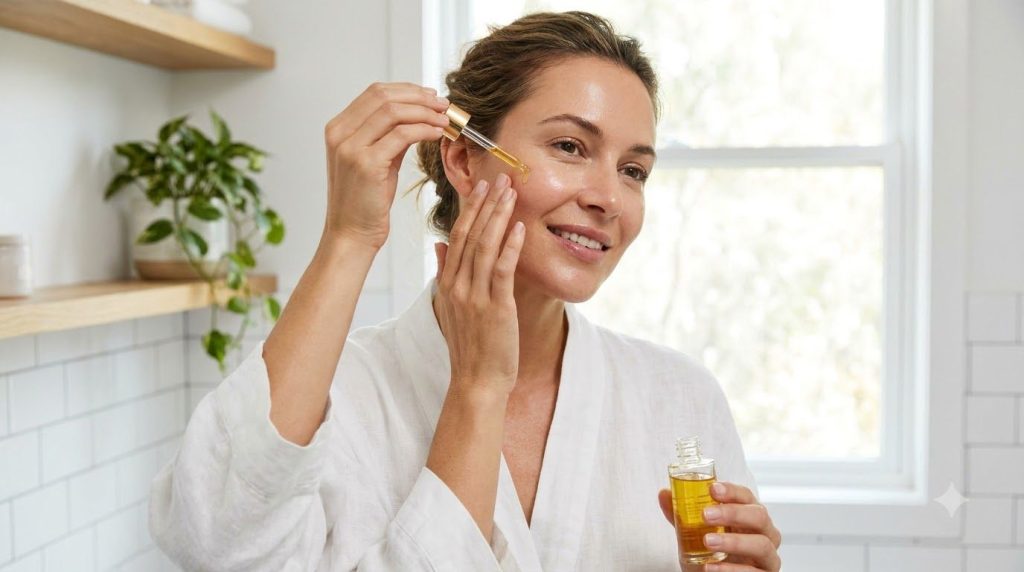 A woman with clean fresh skin gently applying a few drops of golden facial oil to her cheek with her fingertips smiling