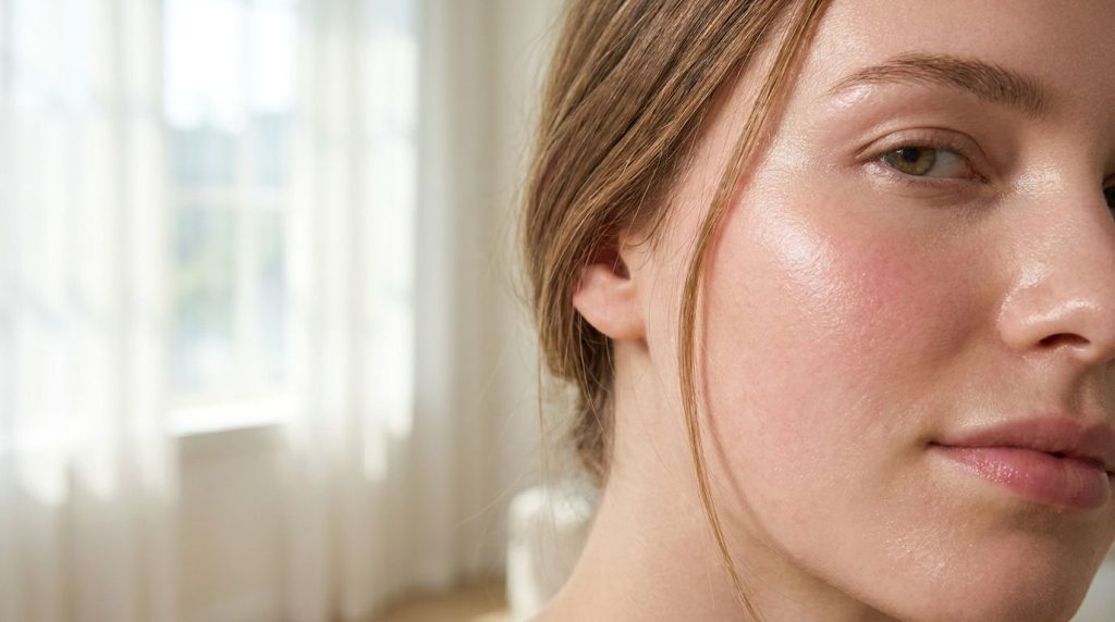 Close-up of a woman s radiant smooth-looking cheek with a natural glow showcasing the benefits of consistent facial oil
