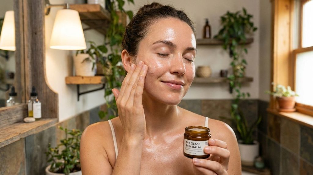 A woman gently massaging the DIY glass skin balm onto her face during her evening routine with a soft glow on her skin