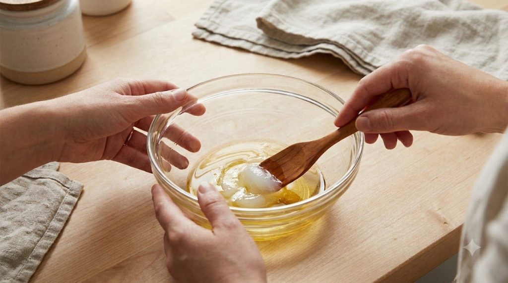 Hands mixing the infused baby oil with softened Vaseline in a glass bowl creating a smooth balm A small spatula or spoon