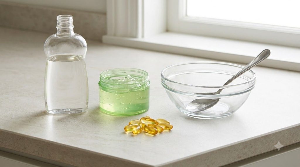 Ingredients for baby oil glow gel baby oil bottle aloe vera gel bottle vitamin E capsules and a mixing bowl