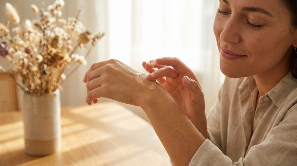 A woman s hand gently applying a small amount of the homemade glow gel to her face showing the smooth texture of the gel