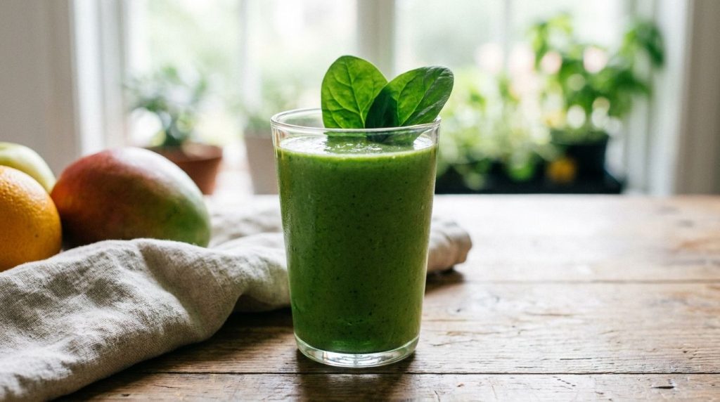 A close-up of a refreshing green protein smoothie in a glass garnished with a few spinach leaves on a light background