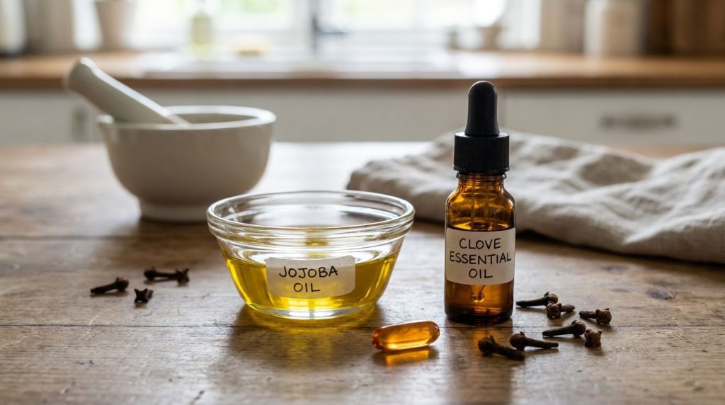 A small glass bowl containing Jojoba oil a separate small bottle of Clove essential oil and a Vitamin E capsule with dri