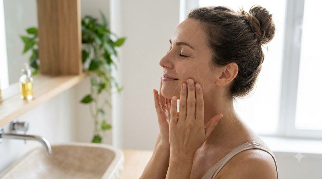 A woman gently massaging a few drops of oil onto her clean face focusing on her cheek and jawline with a soft content ex