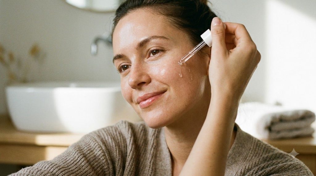 A woman gently applying a few drops of a liquid serum to her face with a dropper focusing on her cheek area Her skin loo