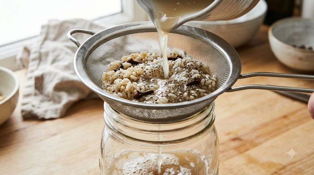 A close-up of the straining process showing the liquid being filtered through a fine-mesh sieve into a glass jar The sol