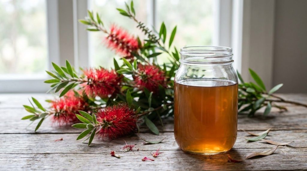 A clear glass jar filled with a strained golden-amber liquid with bottlebrush leaves and flowers in the background on a 