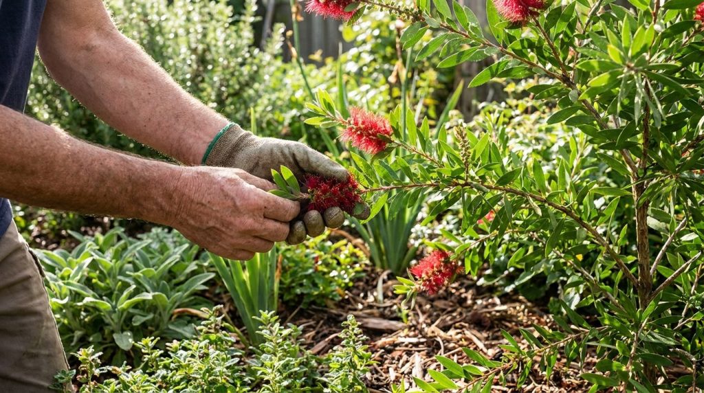A person carefully harvesting bottlebrush leaves and flowers from a healthy plant in a sunny garden showing clean green 