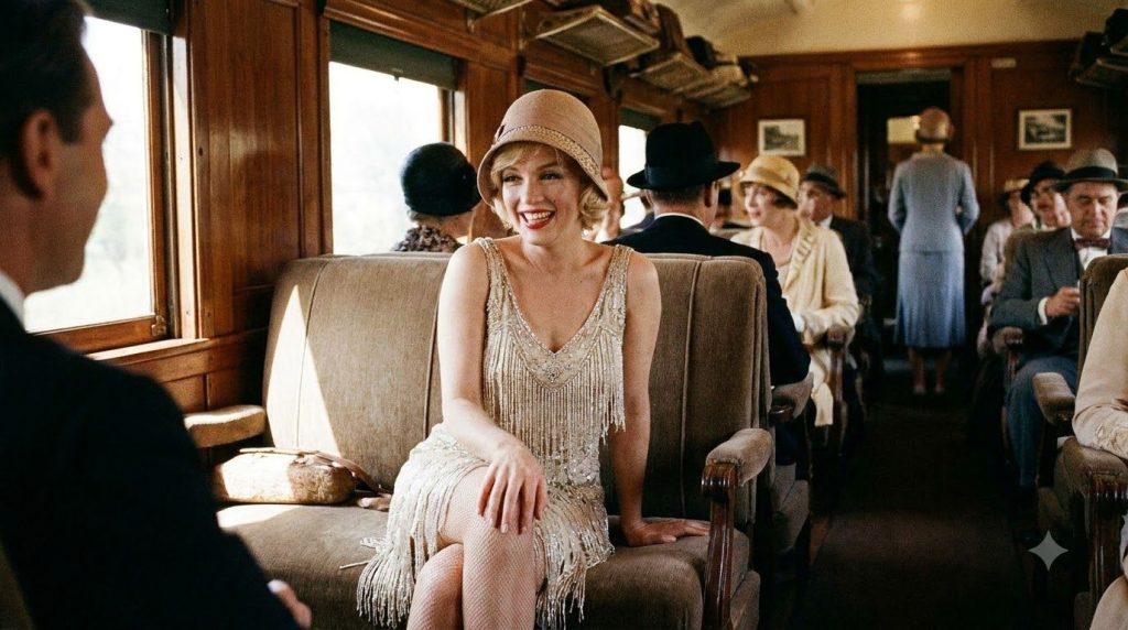 Marilyn Monroe in a still from Some Like It Hot perhaps with Tony Curtis and Jack Lemmon in character She is smiling and