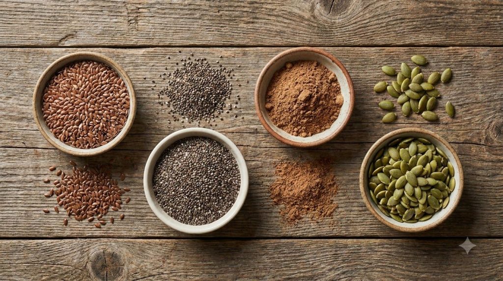 A variety of ingredients for the hair volume powder whole flax seeds whole chia seeds a container of amla powder and pum