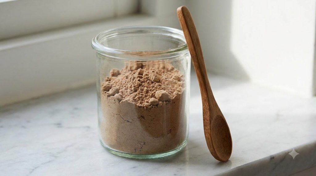 A glass jar filled with the homemade hair volume powder with a wooden spoon resting beside it on a light background