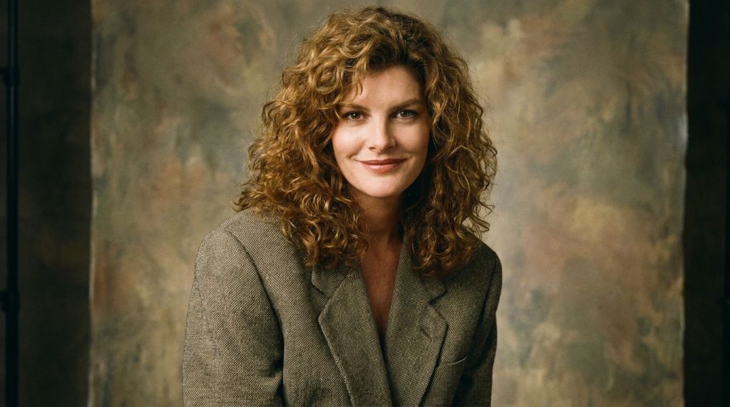 A real archival publicity photo of Rene Russo from the 1980s showcasing her modeling career or early acting look with he